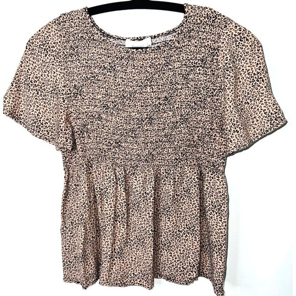 Urban Romantics Ruched Black & Tan Smocked Leopard Print Short Sleeve Small - Picture 1 of 3